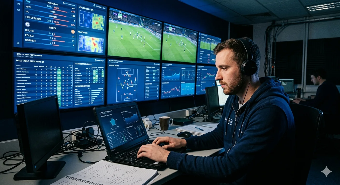Sports analyst in front of multiple screens with football statistics