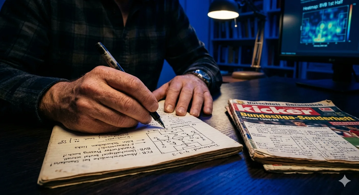 Handwritten football analysis with notes and tactical sketch